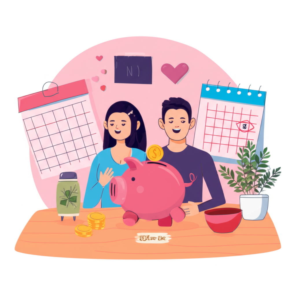 一對幸福伴侶正在規劃婚禮,身旁有撲滿與日曆,象徵對人生大事與未來生活的財務規劃