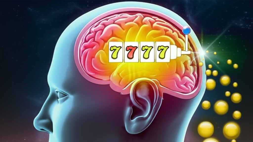 大腦內部插圖:多巴胺釋放伴隨拉霸機圖案即將對齊,象徵預期快感和成癮循環的刺激追求