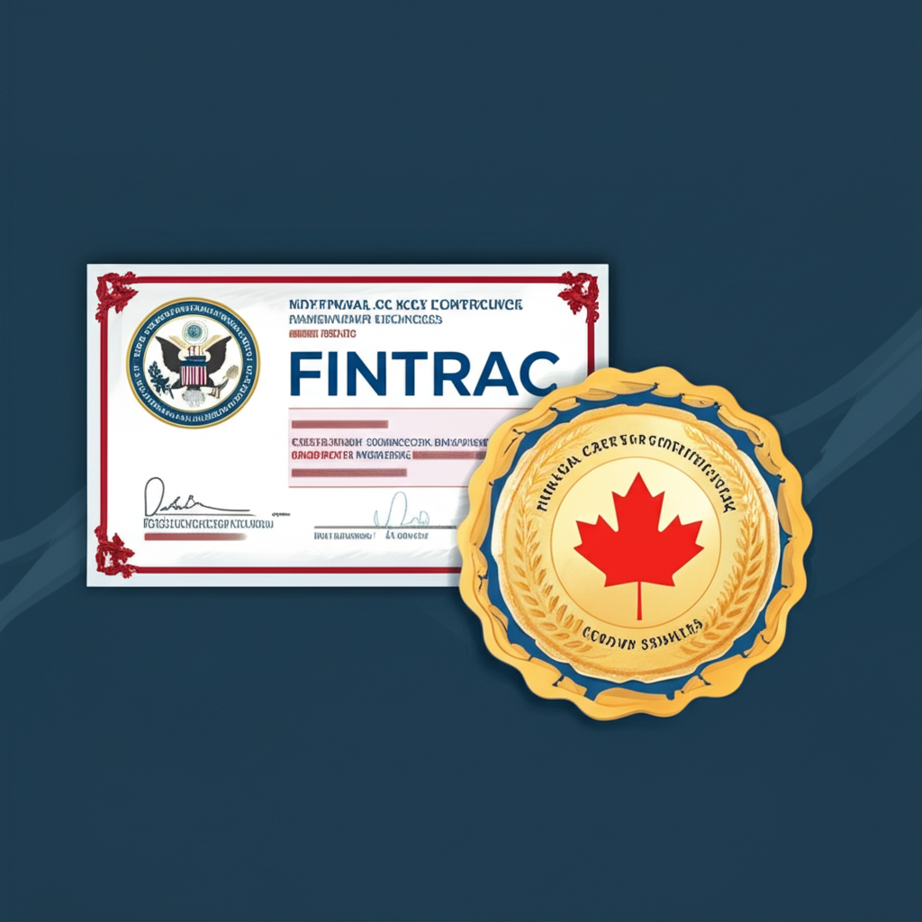 BTCC獲得美國FinCEN和加拿大FINTRAC MSB牌照的插圖,象徵嚴格的AML、CFT和KYC合規,代表可信的全球金融服務
