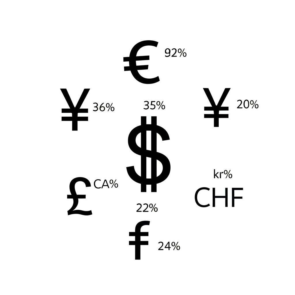 六種貨幣符號環繞中央美元,標示歐元、日圓、英鎊等權重百分比,代表美元指數的組成結構