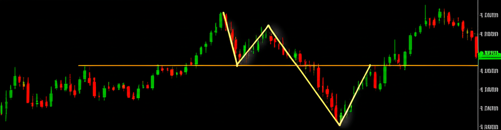 An illustration of an M pattern on a stock chart with two high points and a neckline highlighting the price breaking below the neckline to confirm the pattern in an illustration style