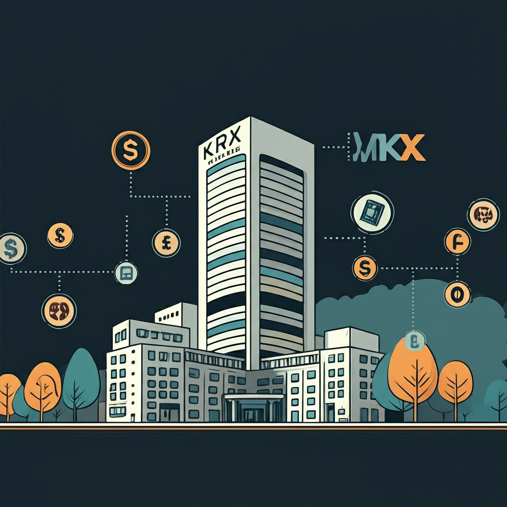 韓國交易所 KRX 建築與周圍環繞的金融符號插圖