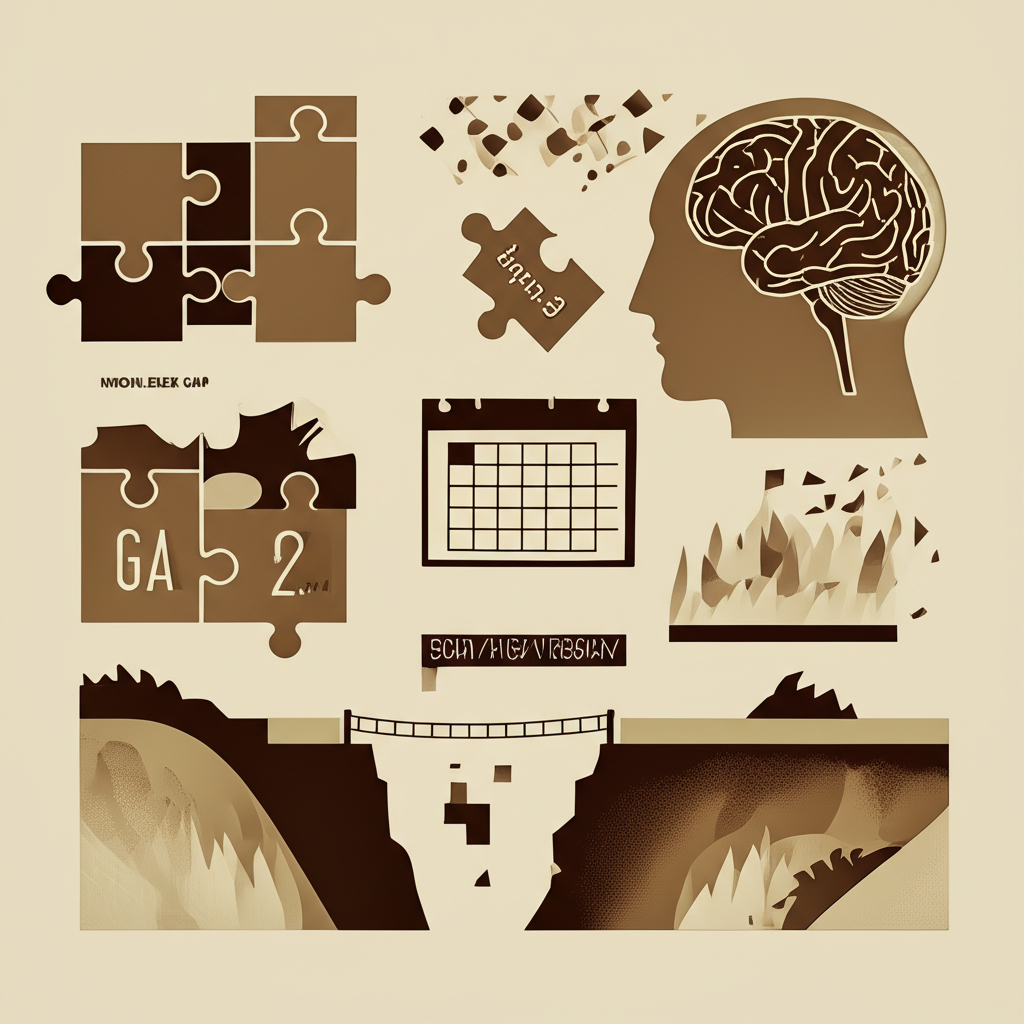 An illustration showing diverse abstract and physical gaps: a missing puzzle piece, a knowledge gap in a brain, a bridge over a chasm, and a calendar marking a gap year, all connected in an illustration style