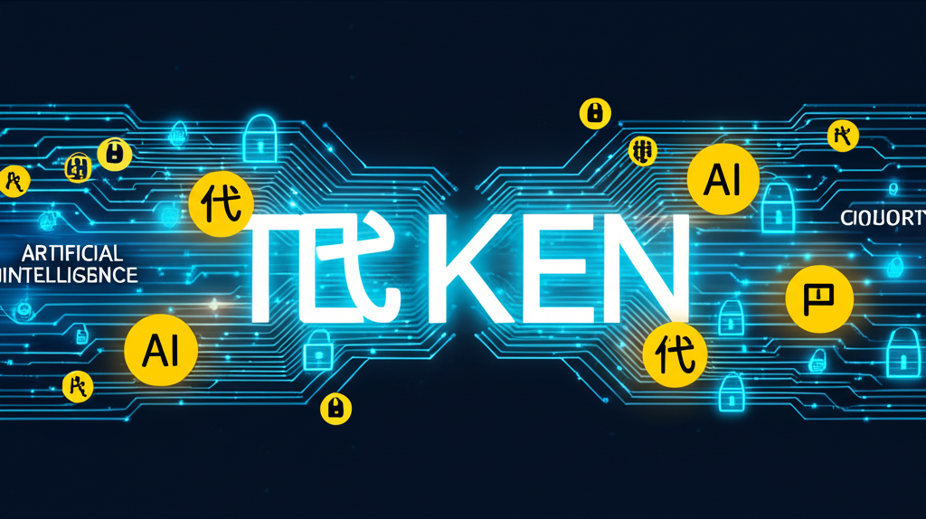 Token 在人工智慧、區塊鏈與資訊安全領域的數位網絡插圖,展示多重含義的連結