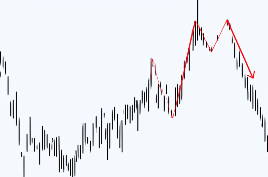 An illustration of a stock market K line chart clearly showing an M shaped double top pattern forming at the end of an uptrend signaling a potential market reversal in a clean illustration style
