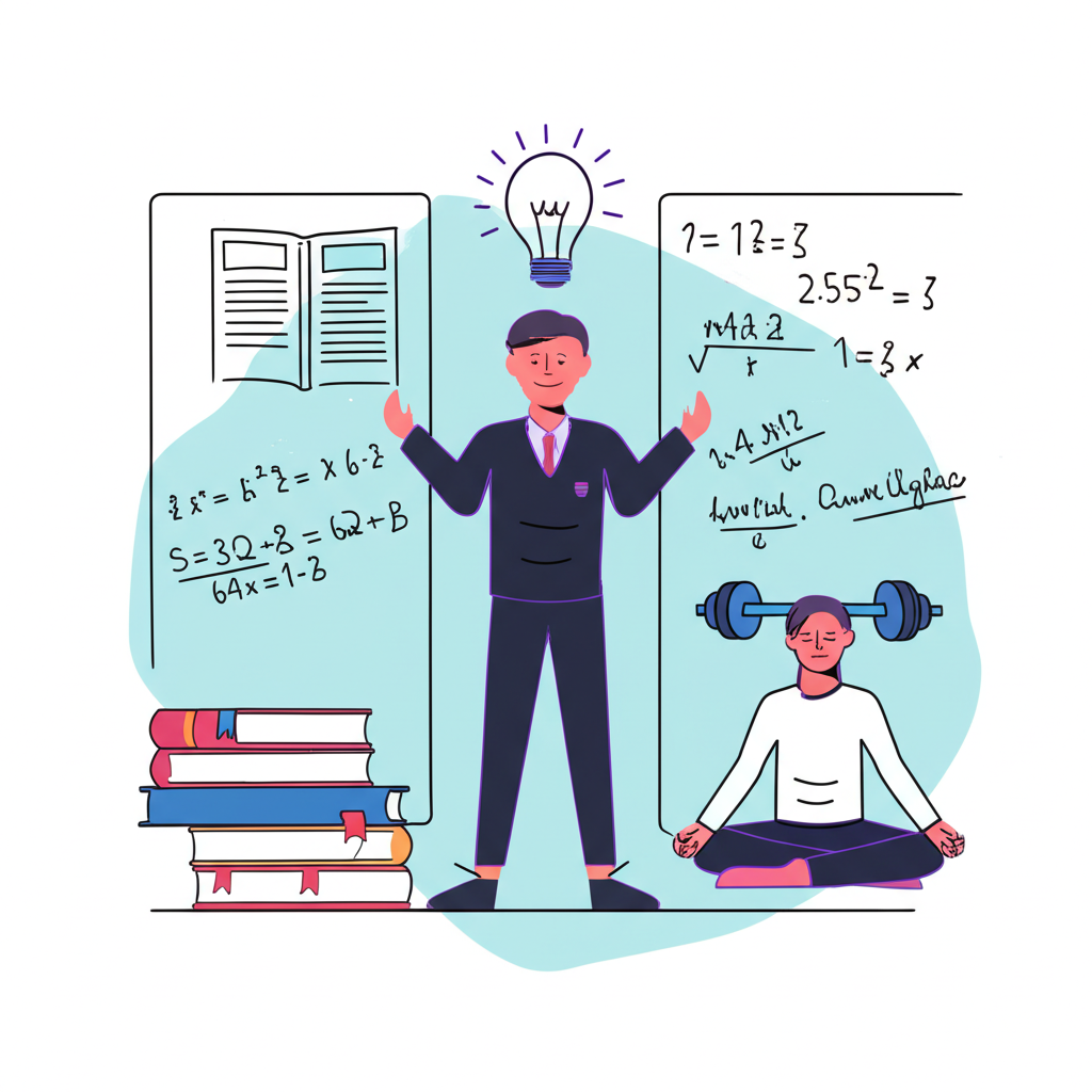 illustration of a person with glowing lightbulb above head representing innate talent and acquired skills doing various tasks like learning languages solving math problems showing potential and actual strength