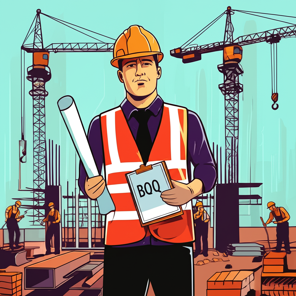 工程師手持藍圖和 BOQ 夾板的建築現場插圖