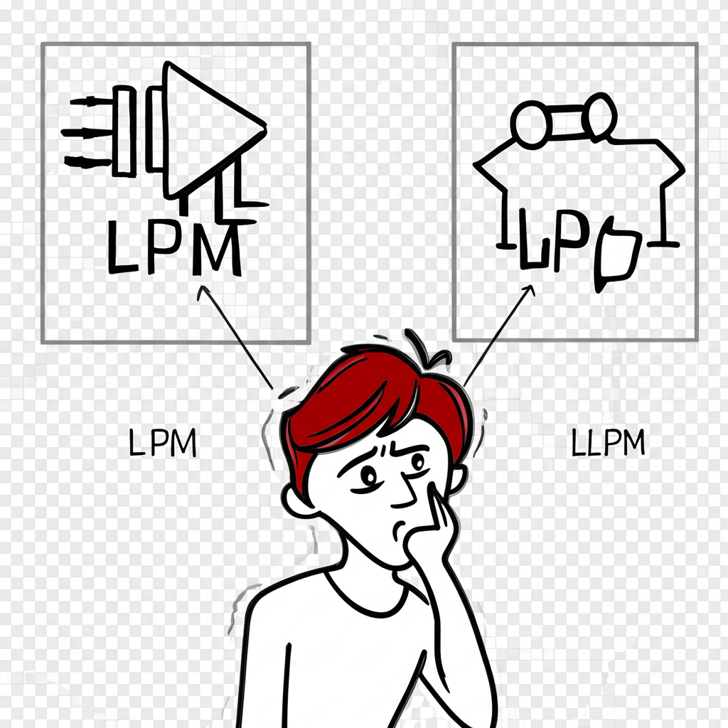 困惑的人看著兩個不同符號,一個代表液體流動,另一個代表電子元件,都標示為LPM
