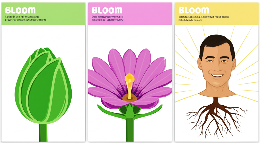 An illustration depicting a sequence of images: a flower bud opening into full bloom, a small seedling growing into a strong tree, and a person smiling brightly and radiating energy, all representing bloom as a verb for growth, prosperity, and vitality