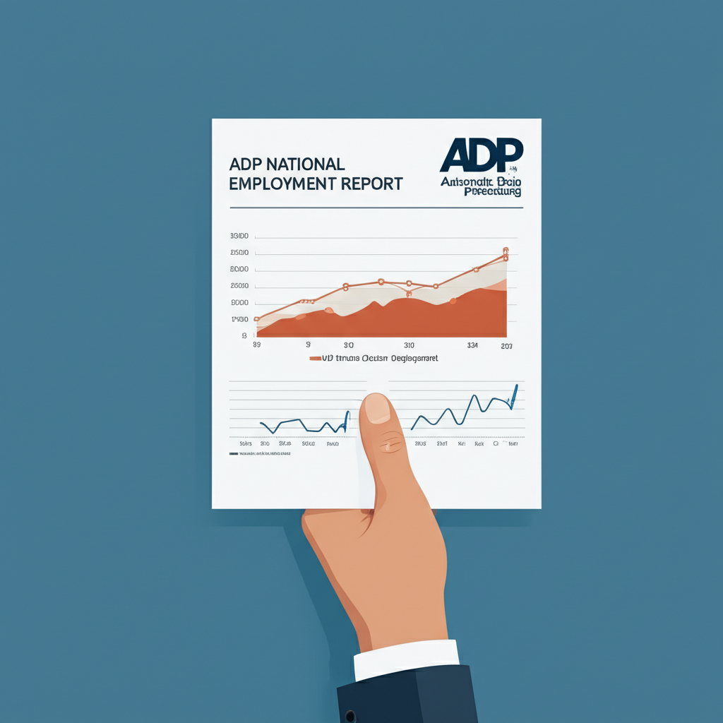 專業人士手持標記ADP全國就業報告的文件,伴隨Automatic Data Processing公司標誌和顯示美國私人部門就業變化的圖表