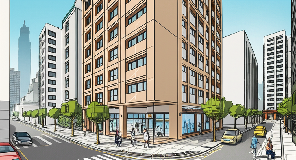微笑歐洲現代住宅大樓在台北市熱鬧環境中的插圖,展示其作為親民地上權住宅項目的獨特吸引力,吸引多元居民
