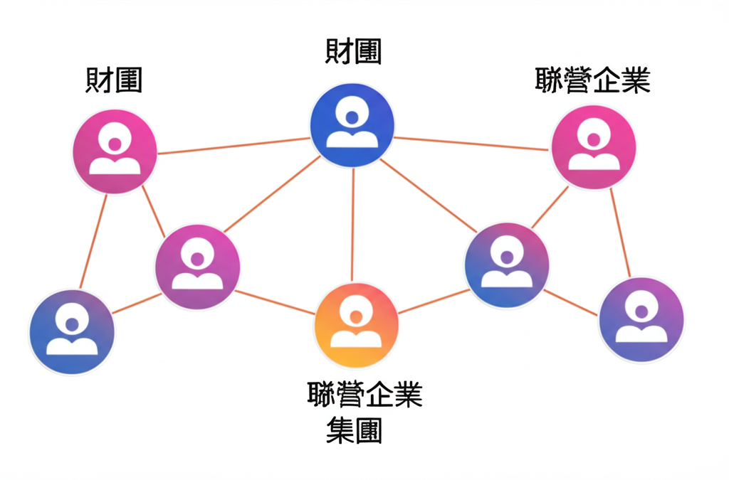 插畫風格,四個中文標籤「財團」、「聯盟」、「聯營企業」、「集團」懸浮於一組獨立法律實體之上,實體間由發光線條連接,象徵合約與共通治理結構