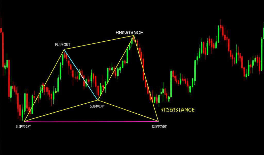 An illustration of a stock chart showing a symmetrical triangle pattern with two converging trend lines representing resistance and support indicating market balance and an upcoming trend direction decision
