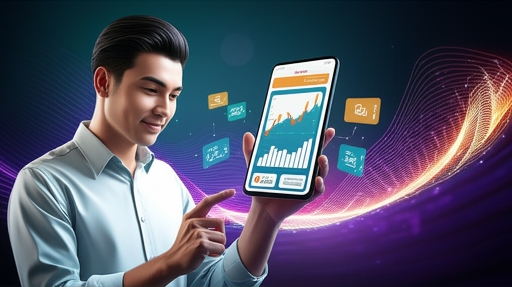 投資者自信使用智慧手機上的玉山證券App,顯示股票圖表與零股、定期定額等功能,周圍環繞數位波浪象徵成功的投資體驗