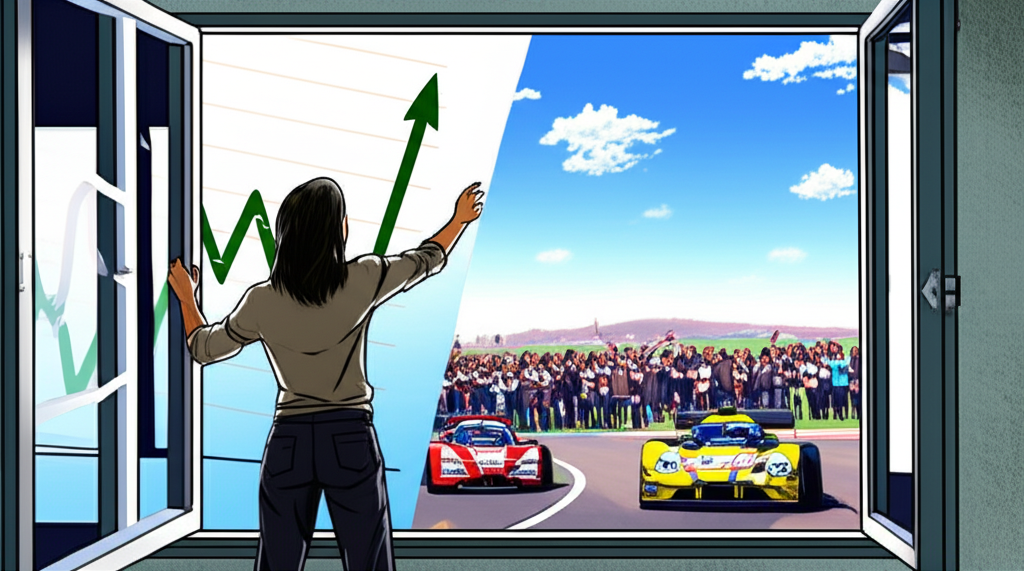 開啟窗口探索 rally 多元世界,包括金融圖表、賽車與人群聚集
