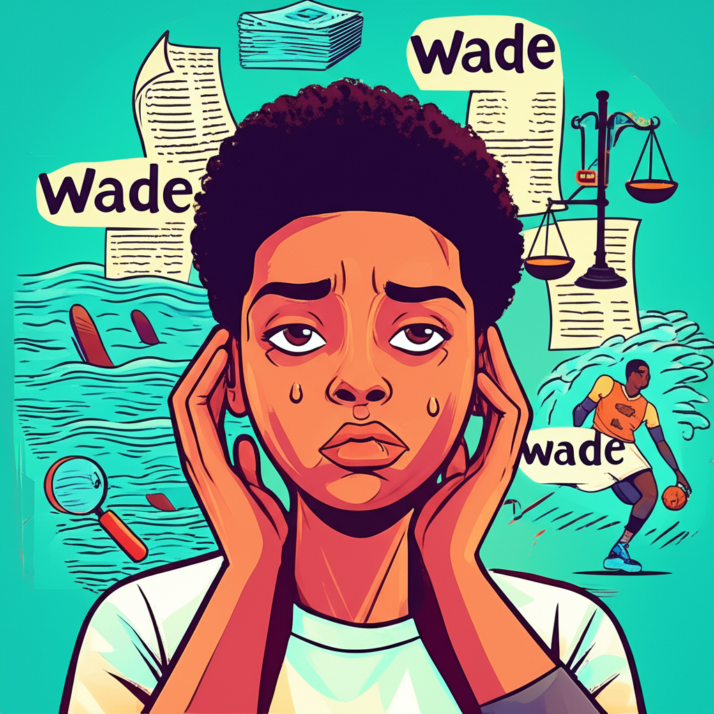 插圖:一個人困惑地站在周圍漂浮著「Wade」相關意象的空間中,包括涉水、文件堆、籃球員與天平,呈現教育風格的視覺導覽
