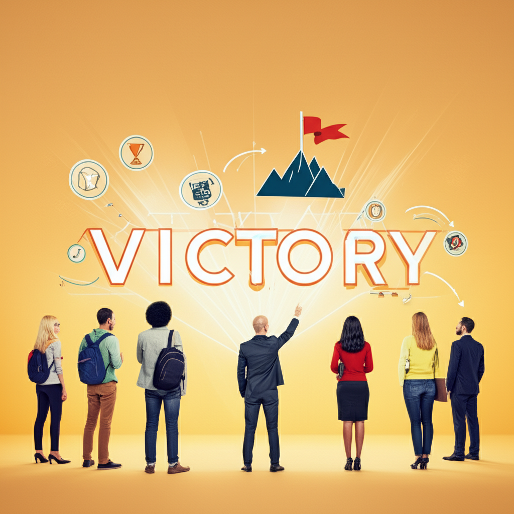 一群學生、職場專業人士與粉絲共同學習英文單字Victory的深層意義,象徵克服挑戰與成功