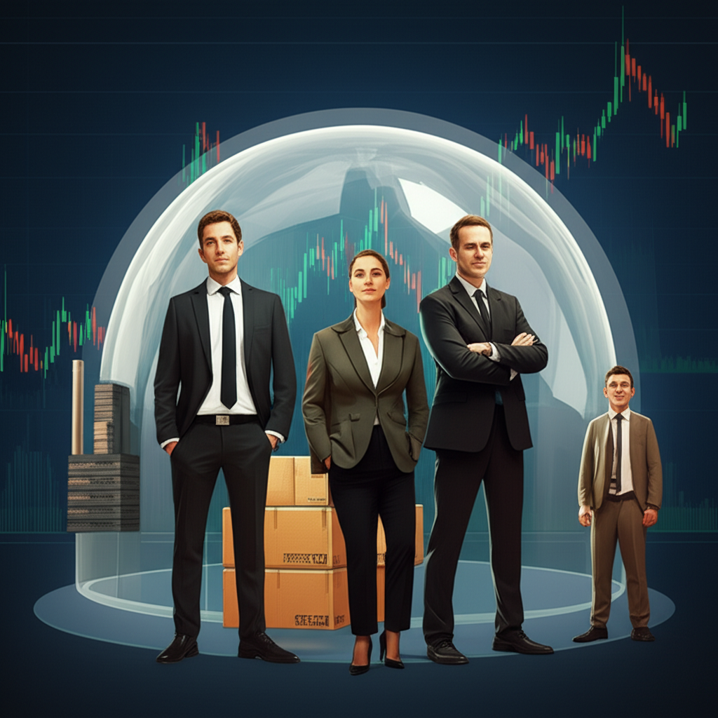 進口商、跨國企業與個人投資者在波動的匯率背景下,資產受透明保護罩守護的示意圖