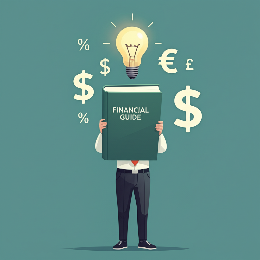 一位自信的人手持標題為Financial Guide的書籍,頭頂發光的燈泡,周圍環繞金融符號