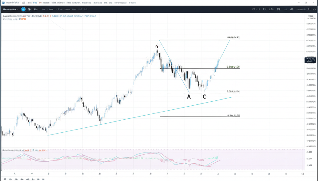 TradingView平台介面示意圖,展示如何在上升趨勢股票圖表上繪製斐波那契擴展工具的三點A、B、C及預測擴展水平
