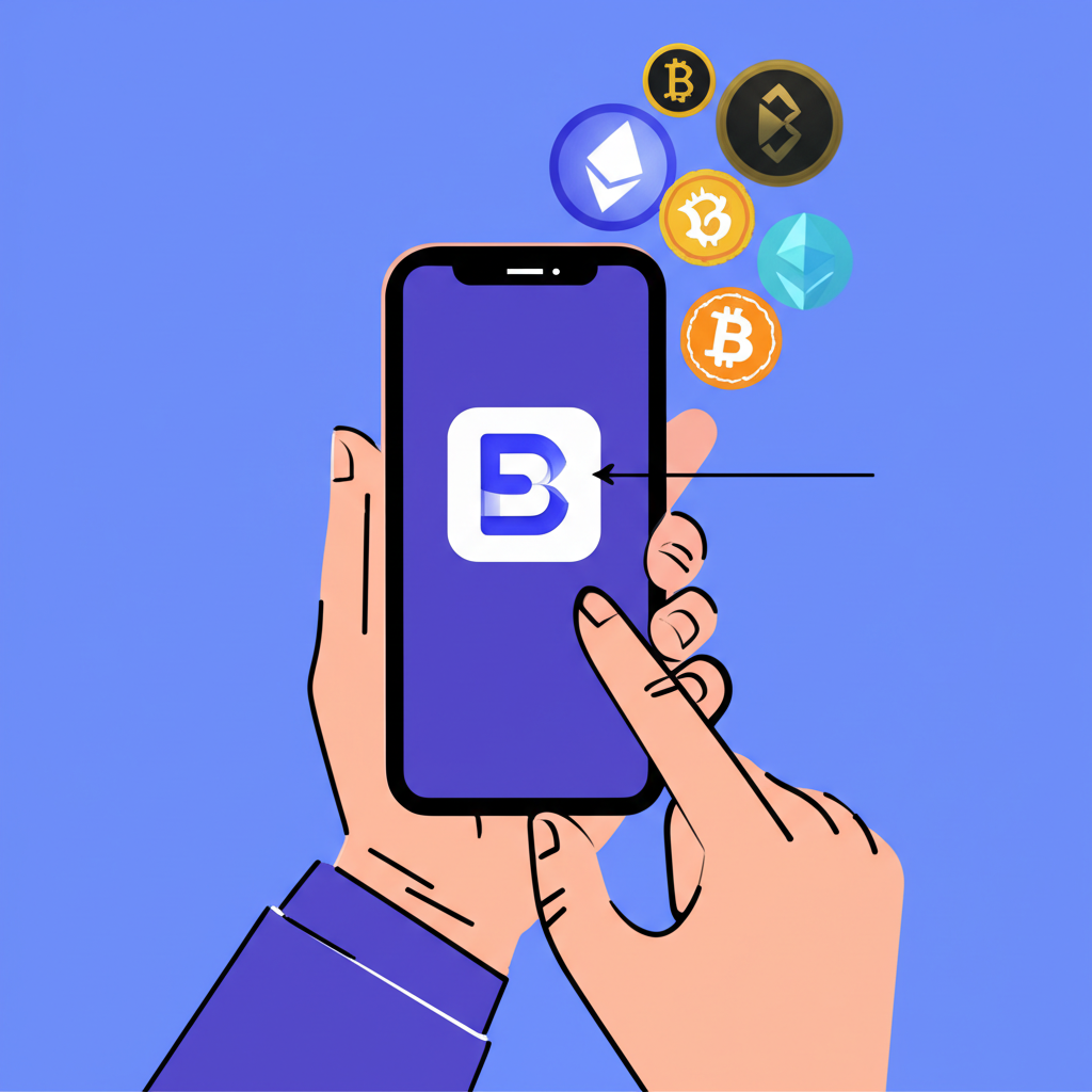 手持智慧型手機顯示 BingX 應用程式,箭頭從應用指向多種加密貨幣圖示與外部錢包