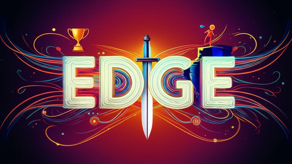 An illustration of a multifaceted glowing word Edge with various symbols representing its meanings like a sharp blade a cliff edge a winning trophy and a nervous person surrounded by swirling lines all in a vibrant abstract style