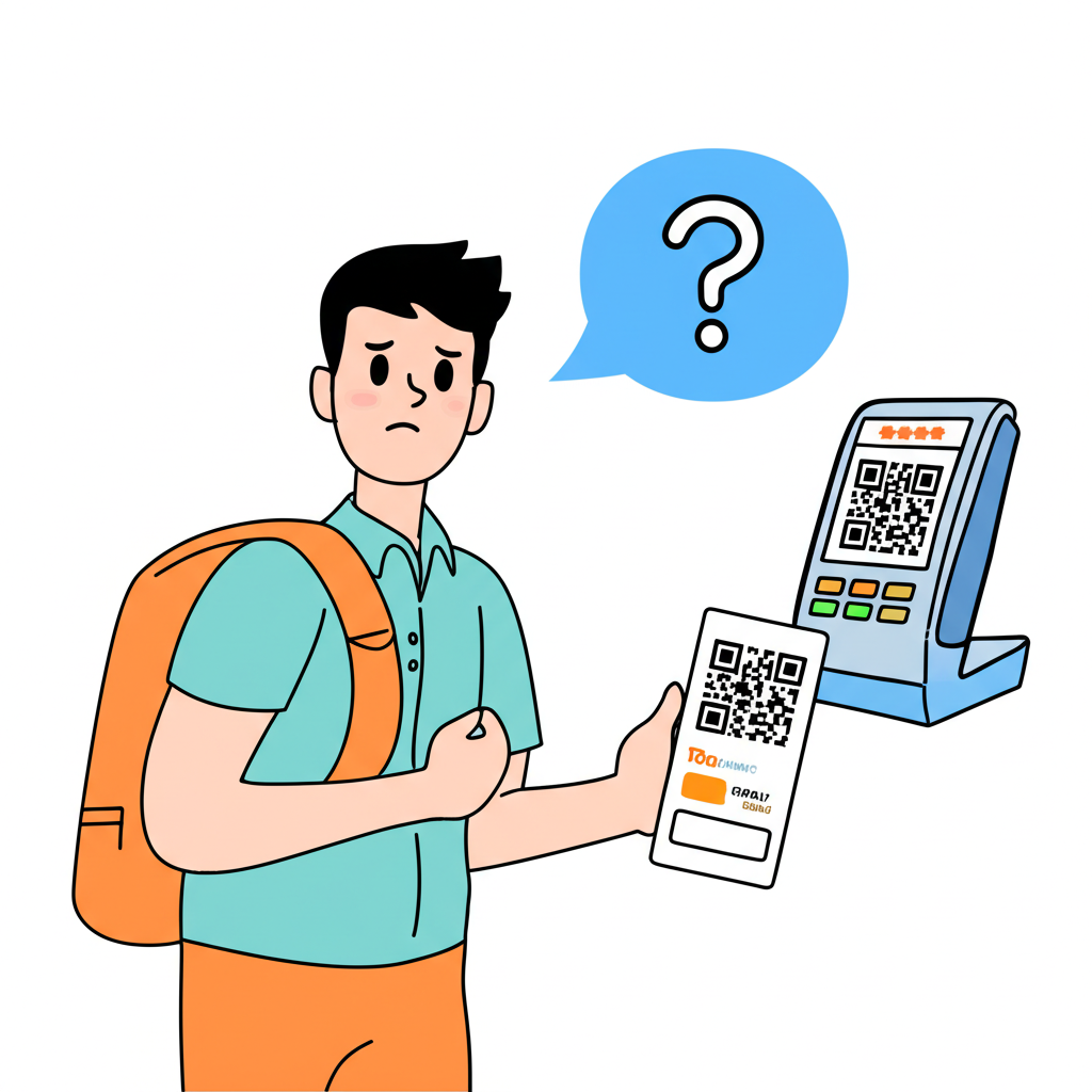 馬來西亞遊客在台灣困惑地看著QR Code支付終端,TNG eWallet應用程式開啟,手機上方浮現問號