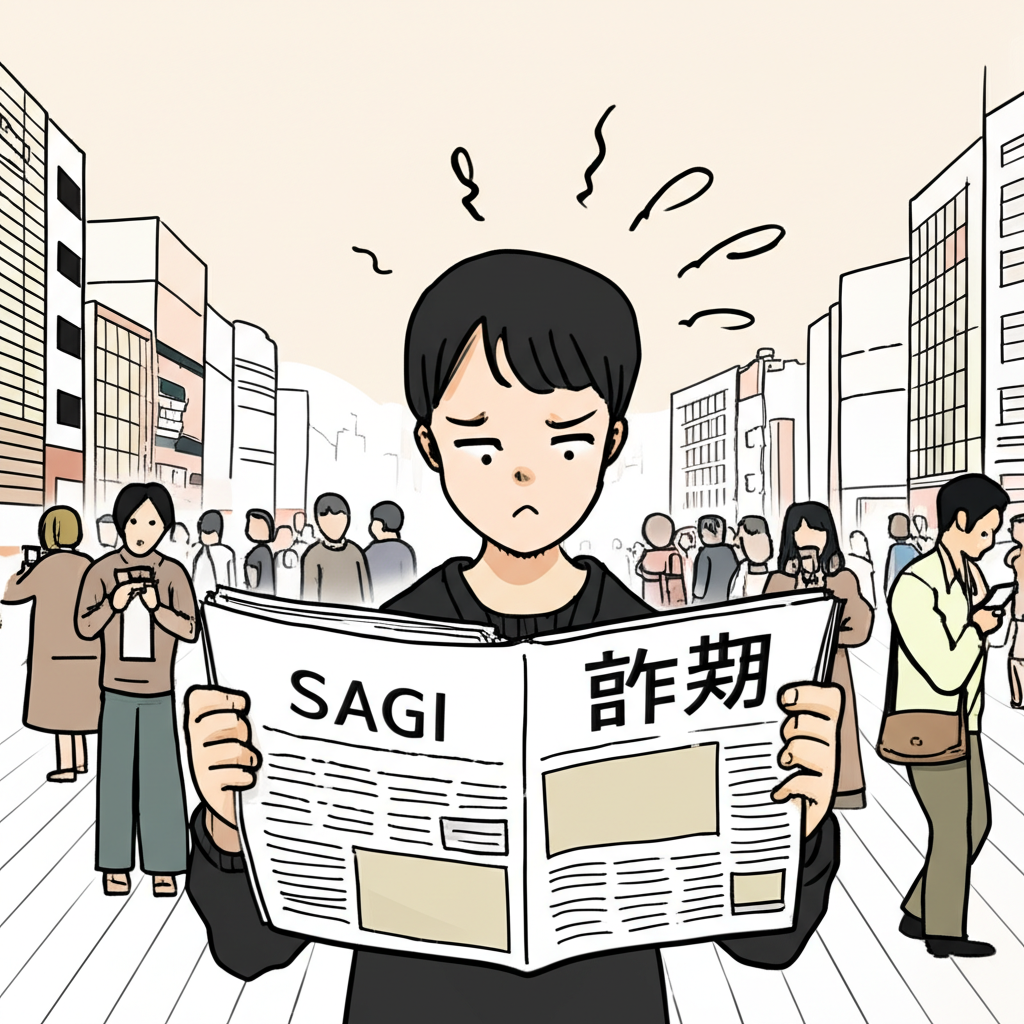 日本人在城市中困惑地看著報紙上的'sagi'一詞,周圍人們使用手機和電腦