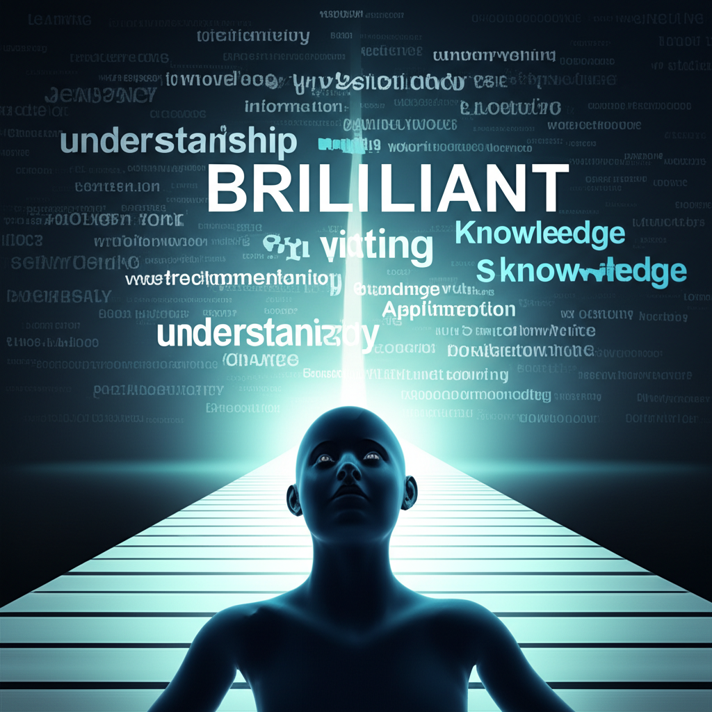 一人困惑於 brilliant 多義,周圍浮現含義,通往明亮未來學習路徑的插圖