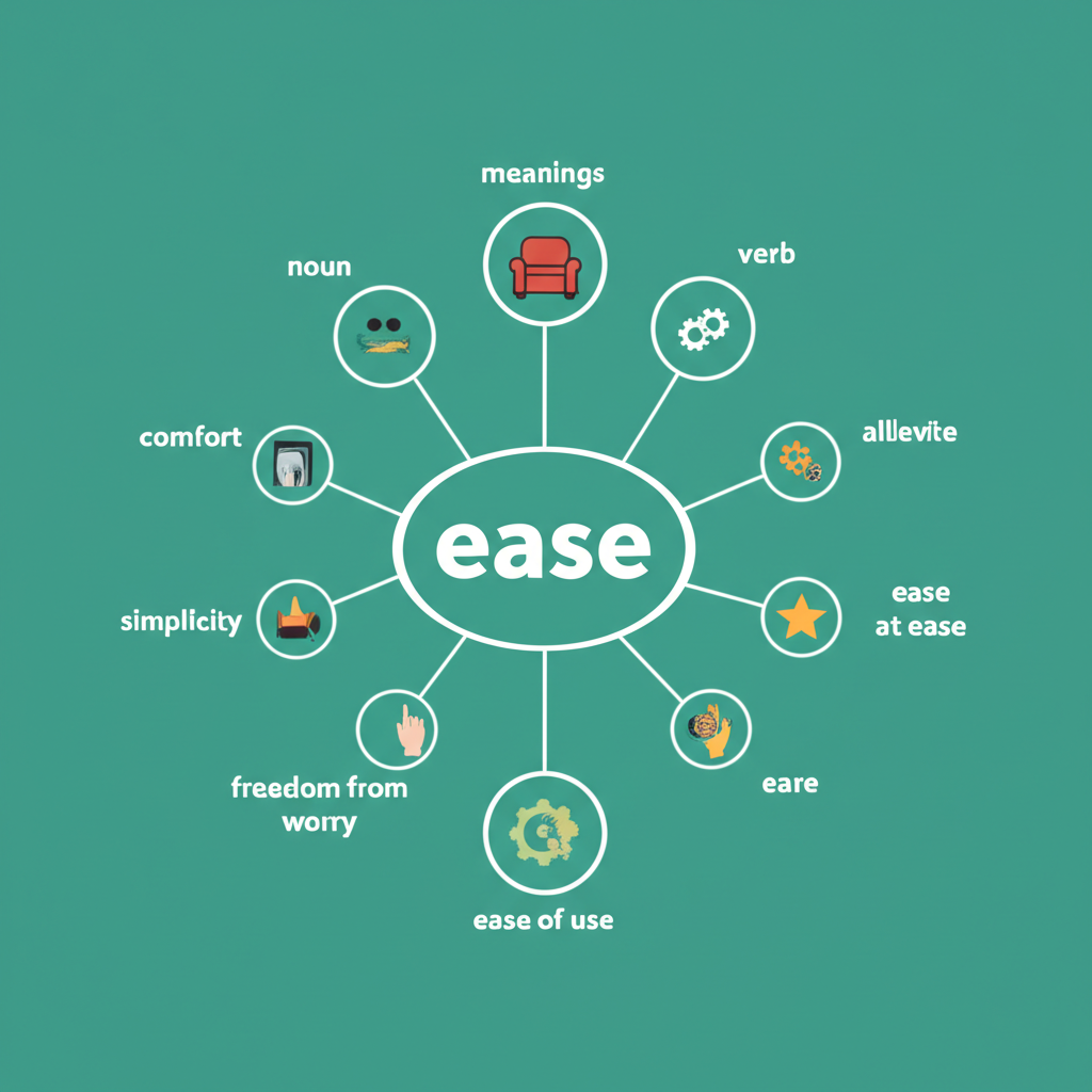 ease 單字的語義地圖插圖,分支顯示名詞如舒適、動詞如緩解的含義,包含 at ease 和 ease of use 等片語,提供全面指南