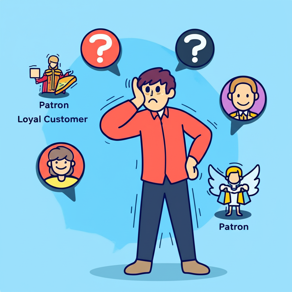 Patron 多重含義的困惑插圖:一位困惑的人被藝術贊助人、忠實顧客和守護神圖標包圍