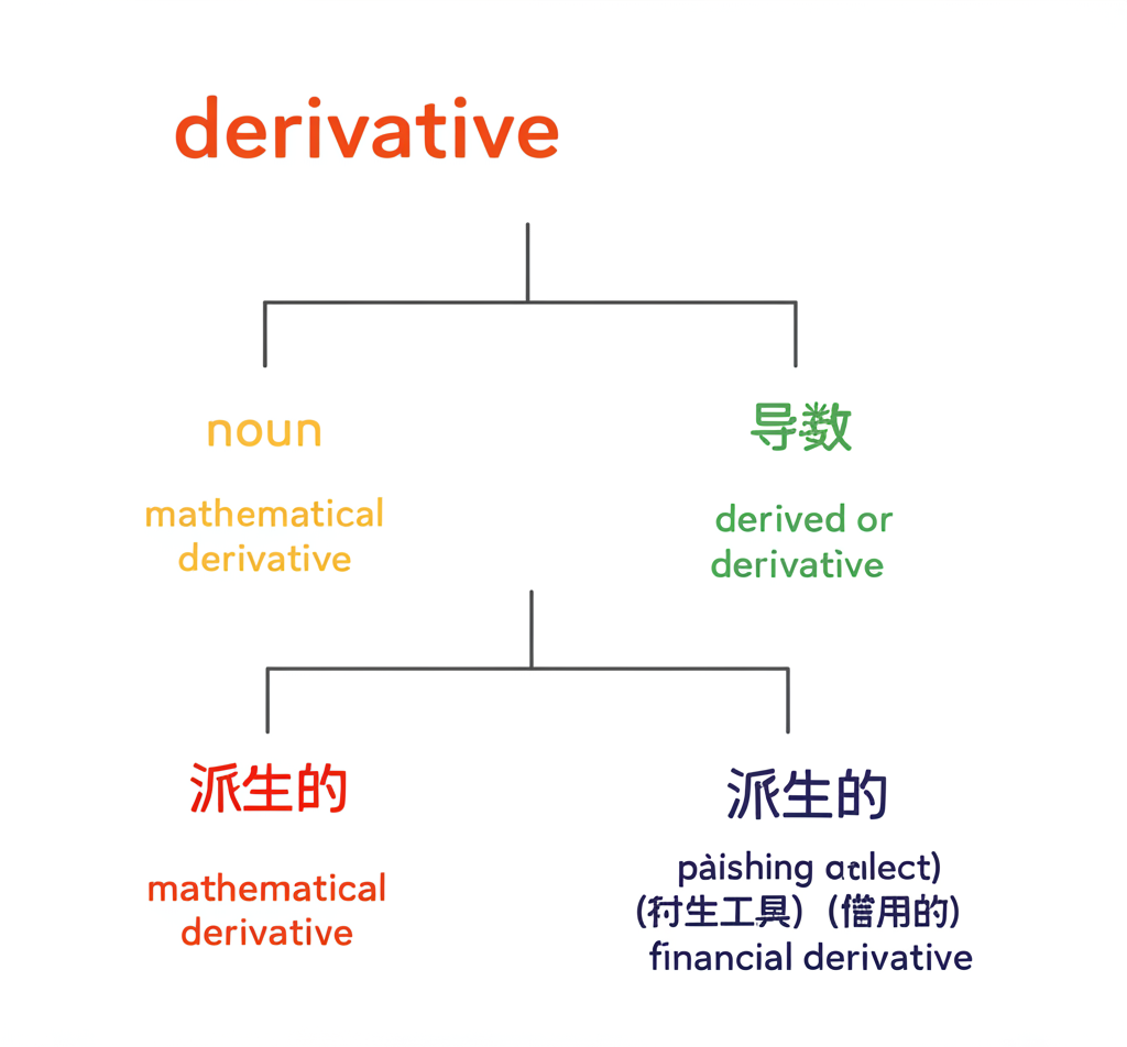 展示 derivative 作為名詞時指衍生物、數學導數、金融衍生品,作為形容詞時表示派生或借鑒的插圖