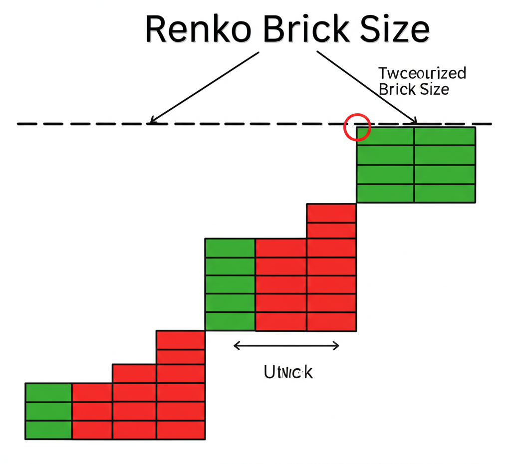 Renko 磚塊形成機制示意,新磚塊僅在價格達到預設尺寸時出現,反向磚塊需雙倍移動以定義清晰趨勢