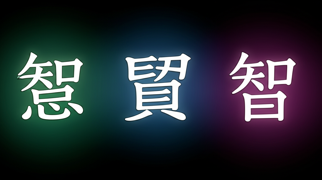 三個中文字「智慧」、「賢明」、「智」各自發光,代表智慧不同語境意義的插畫