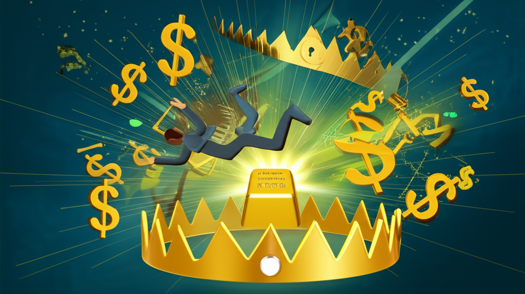 illustration of a person falling into a golden trap with dollar signs and digital elements around a shining gold bar depicting widespread gold investment scams and financial loss