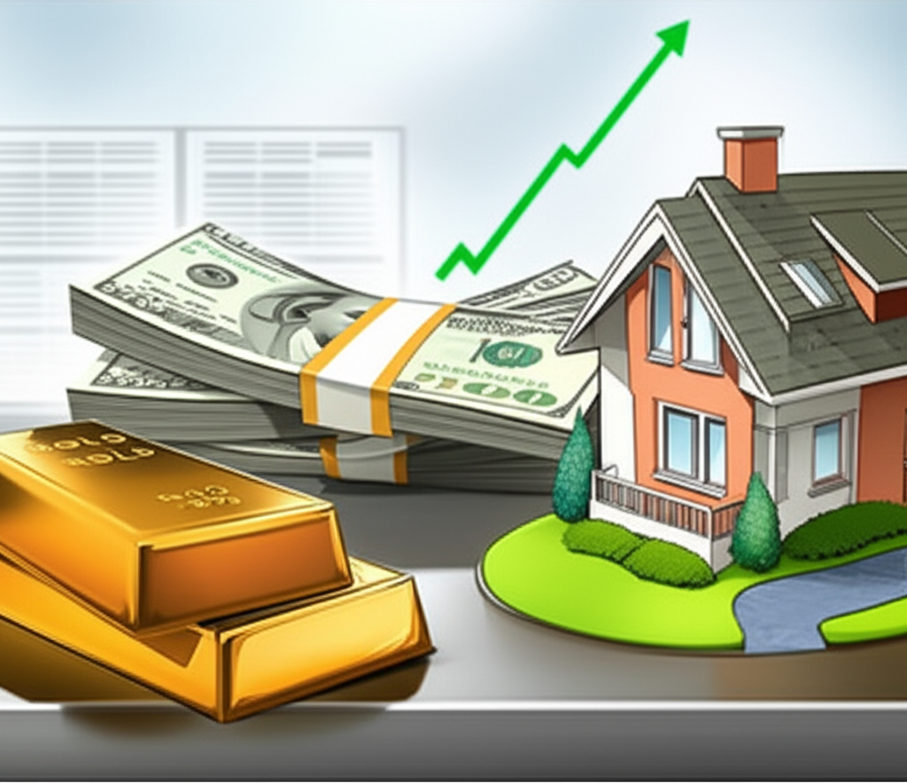 插圖風格:金條、成堆現金、房屋與股價走勢圖整齊排列,代表物質財富與財務穩定的安全環境