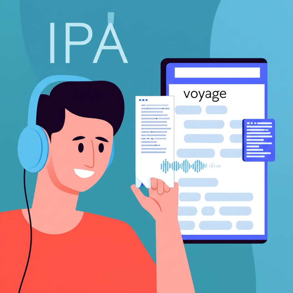 一人透過耳機聆聽發音,空中浮現IPA符號,螢幕顯示voyage詞條與讀音介面
