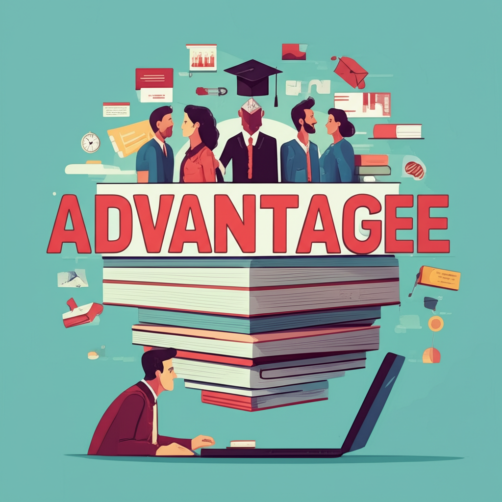 一位學習英語的人注視著advantage一詞,周圍展開多層意義,象徵其在日常、商業和學術領域的豐富語義層次與多樣用法