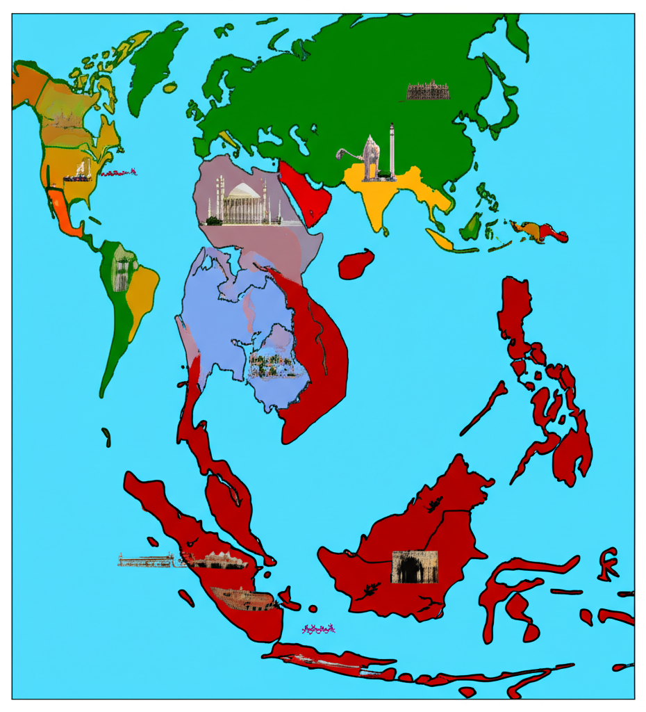 蘇丹國歷史與當代地區世界地圖插圖,標註中東到東南亞的關鍵區域與文化符號