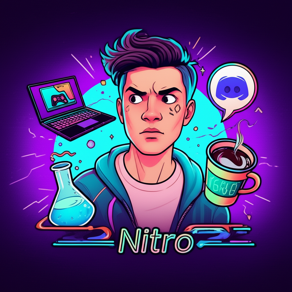一名困惑的人被代表 Discord、電競筆電、化學燒杯與咖啡杯的圖示包圍,「Nitro」一詞將這些元素連結在一起的生動插畫