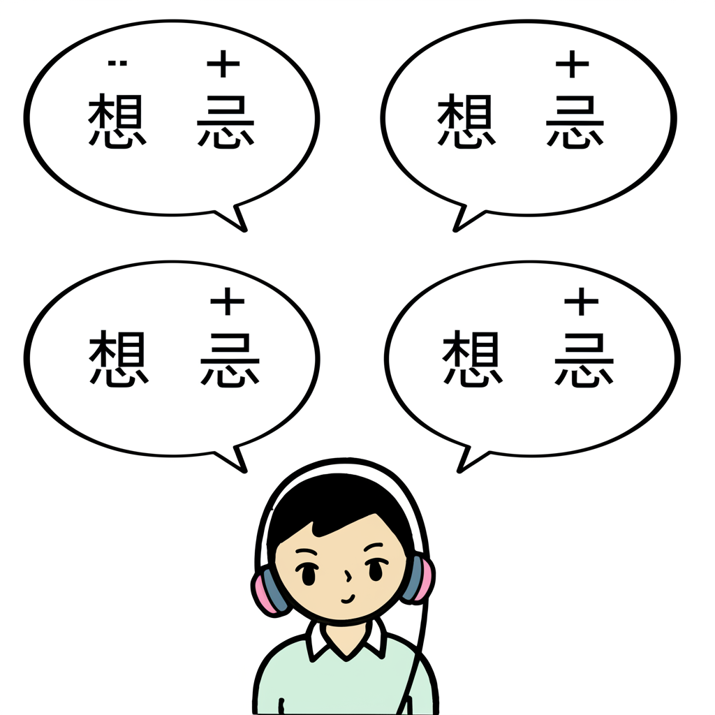 插圖:四個語音泡泡分別標示四聲符號與對應的 xiang 字,學生專注聆聽耳機中的發音,學習區分聲調