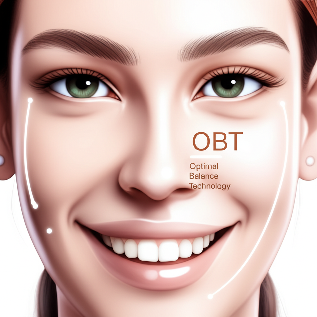 瑞絲朗 OBT 動態玻尿酸自然美學插圖:自信微笑的女性臉龐,肌膚光澤自然,OBT 技術融入柔和輪廓線條