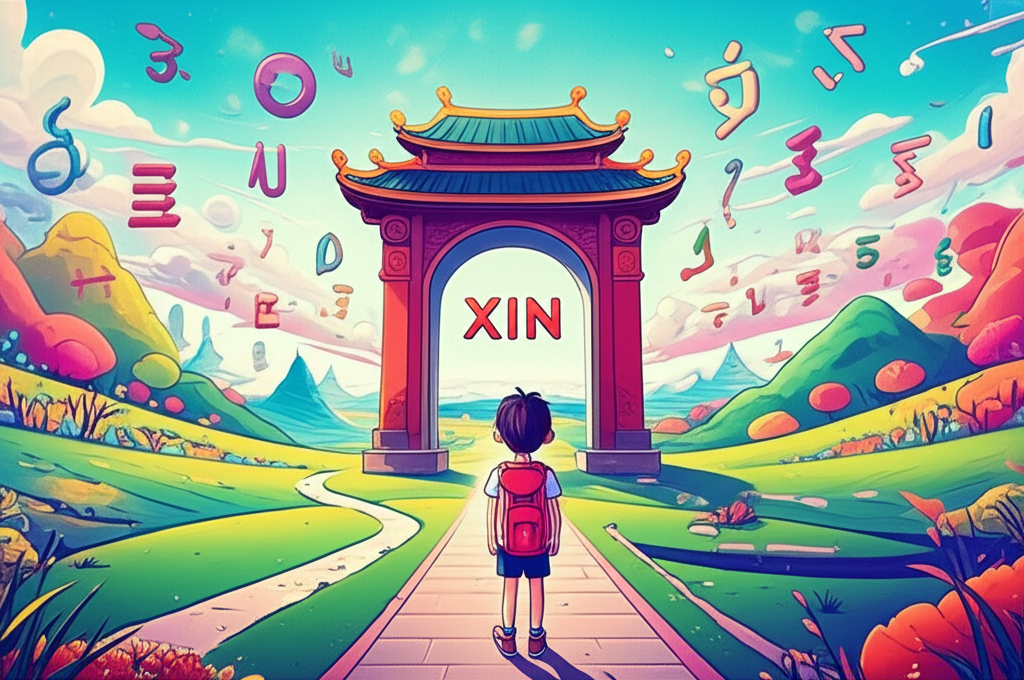 好奇學生探索以xin為中心的生動中文字符景觀,象徵通往語言與文化的入口