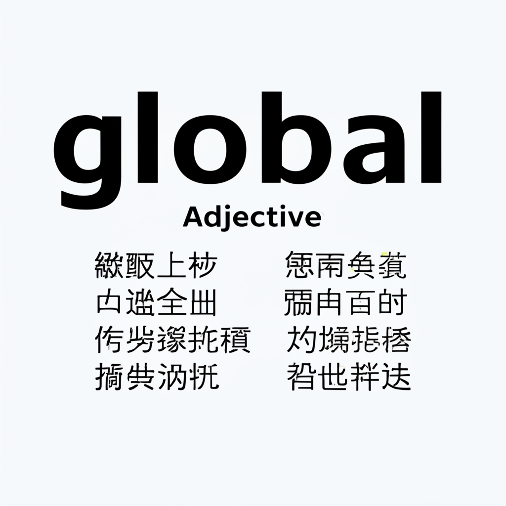 詞典頁面插圖,突出「global」作為形容詞的多樣中文詮釋,象徵整體性與廣泛範圍