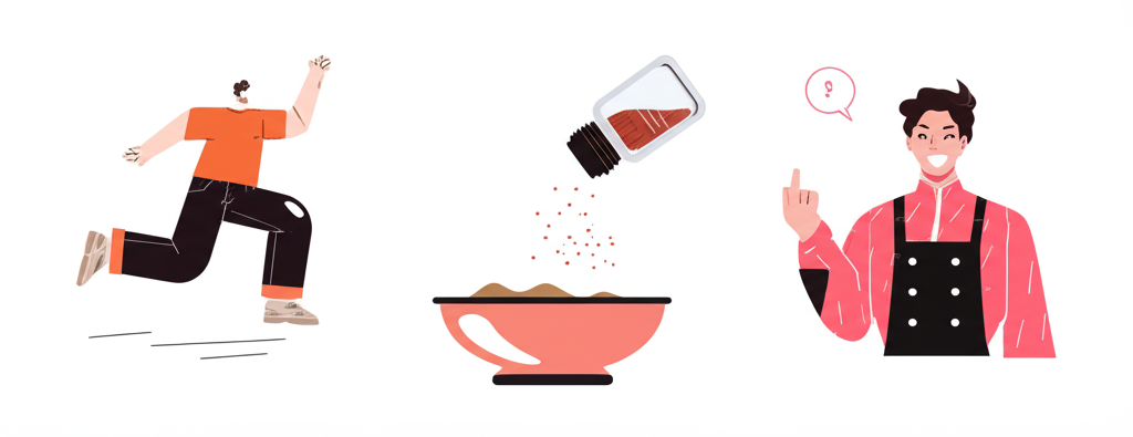 illustration of a person sprinting, a chef adding a dash of spice, a writer using a dash punctuation, and a K-pop idol performing, representing the diverse meanings of dash