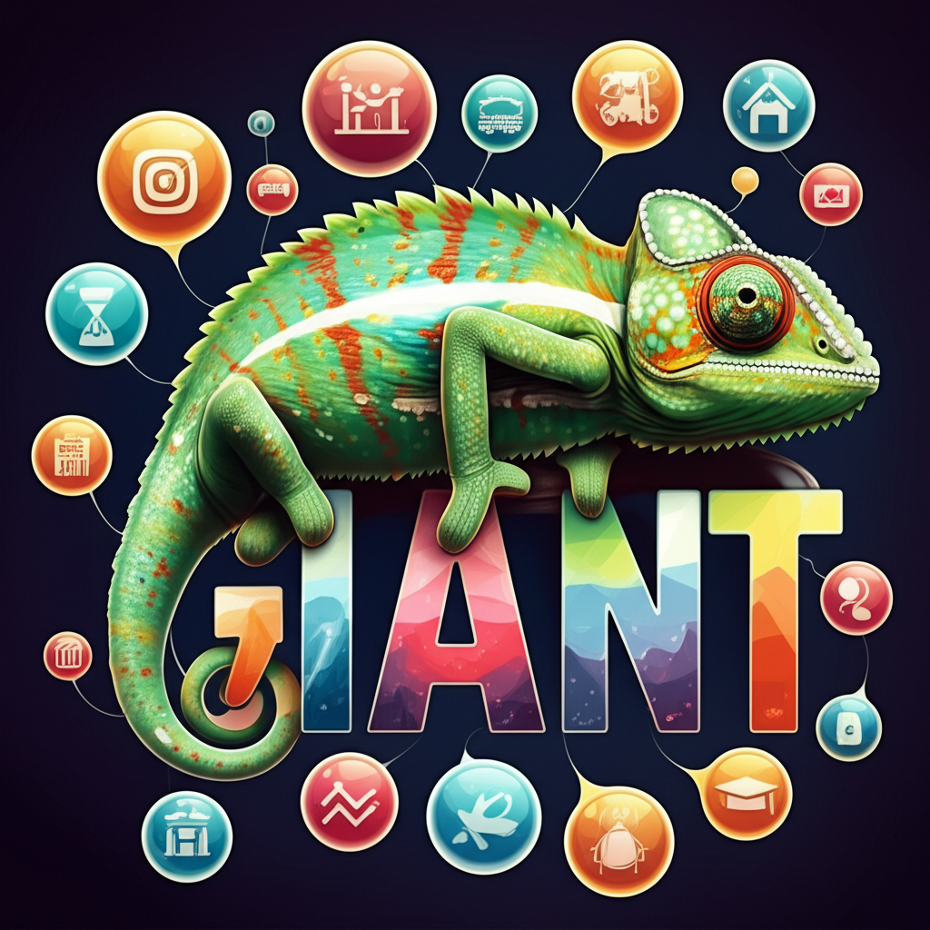 Giant 詞彙如變色龍般在不同語境與文法功能中變化的插圖,周圍浮現各種語意泡泡