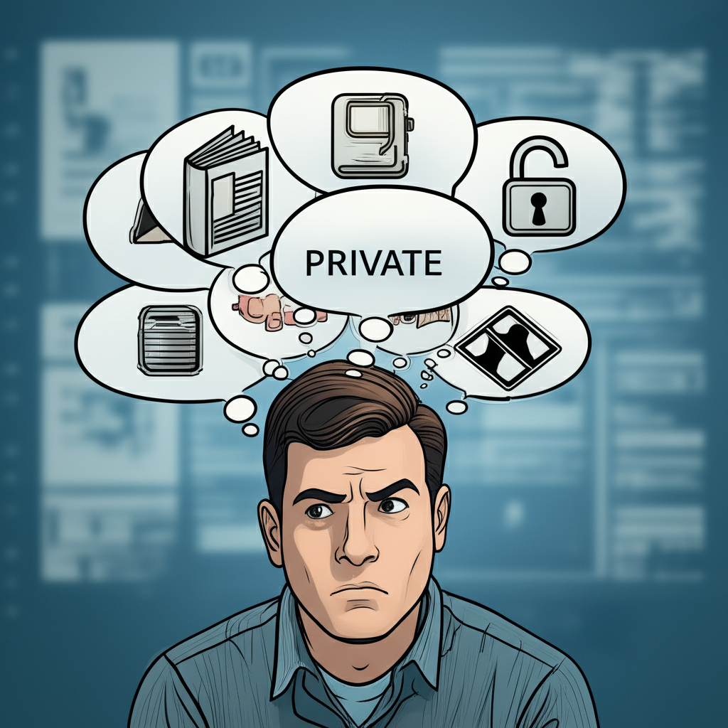 一個人對‘private’這個詞感到困惑,頭上浮現多重思緒氣泡,代表個人、非公開、秘密等不同含義,背景有數位介面元素