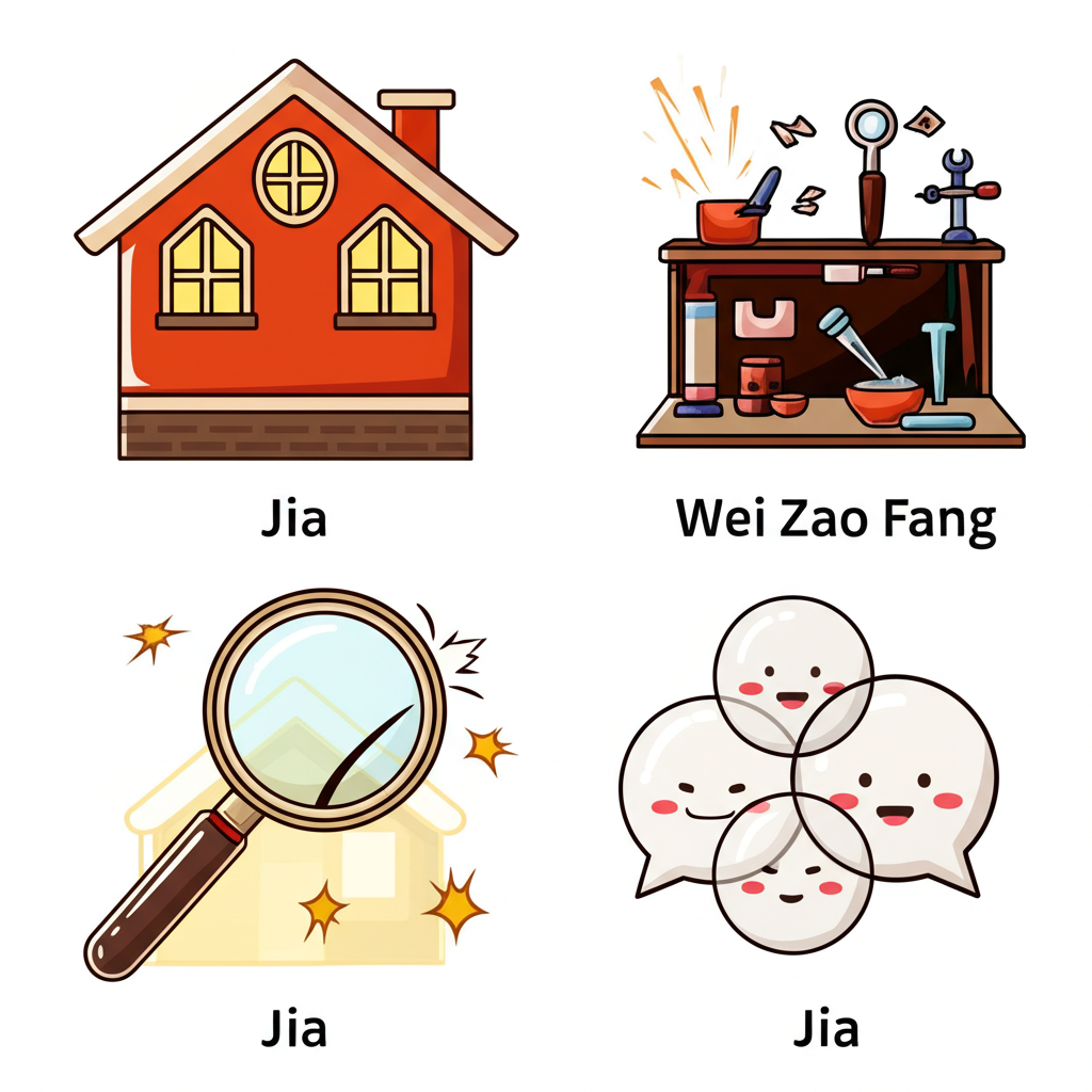 四個中文概念假、偽造、仿冒、虛假的視覺化比較,各自有獨特圖像代表其核心意義
