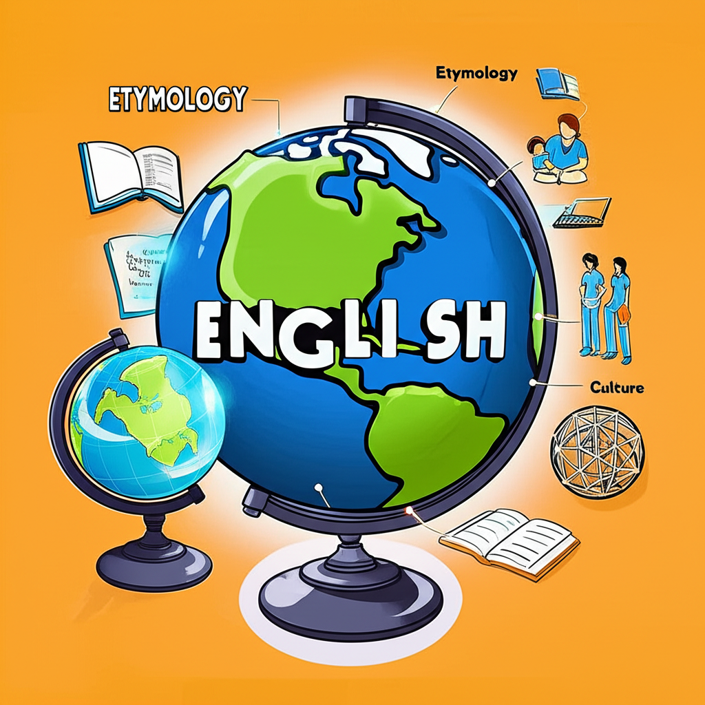 Illustration of a person learning English surrounded by various representations of the word globe