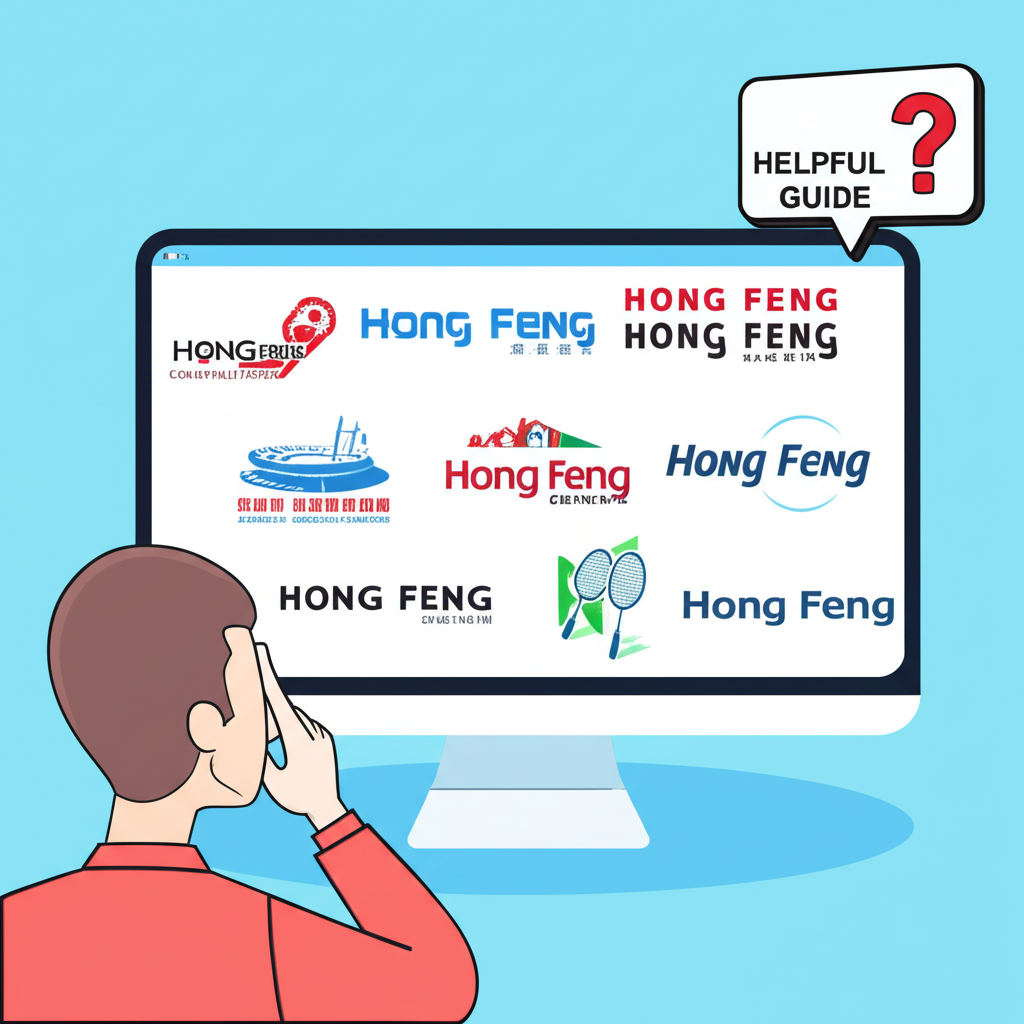 一位使用者在電腦前困惑地搜尋,螢幕顯示多個名為鴻豐的企業標誌,涵蓋體育、建設、房地產和空調工程等產業,象徵數位時代的多元概念,並有指引手冊出現